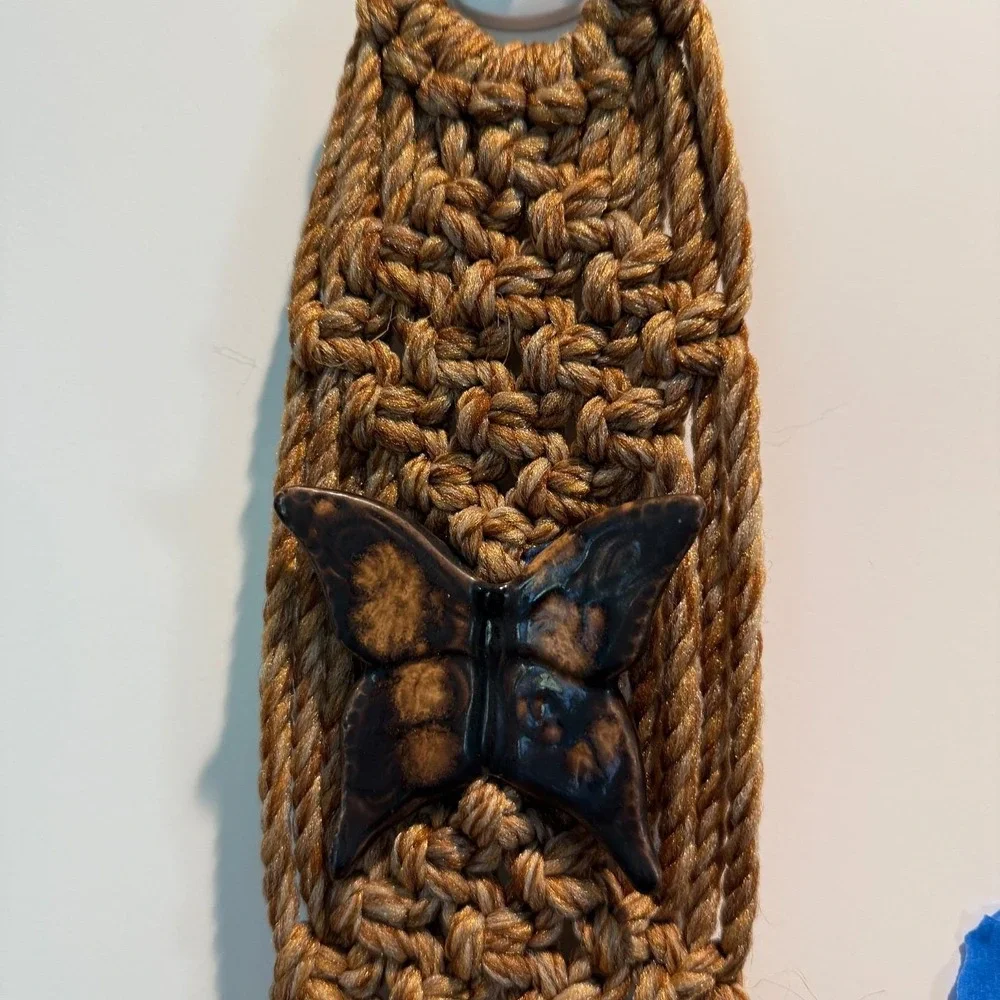 Vintage 70's Macrame Jute Wallhanging Towel Holder Boho MCM Faux Bamboo